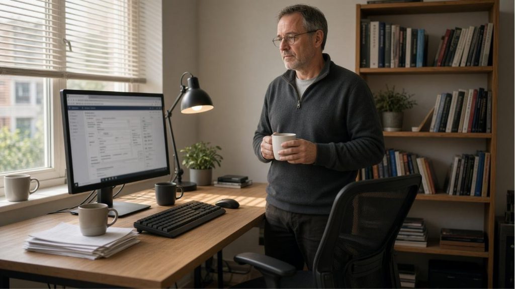 A man stands beside his desk holding a coffee mug, waiting while an AI agent works on his virtual desktop, with several empty mugs left around the home office