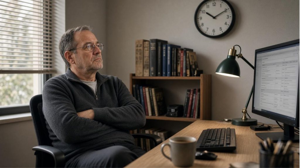 A man sits with his arms folded watching a wall clock while an AI agent slowly fills in a form on his computer screen