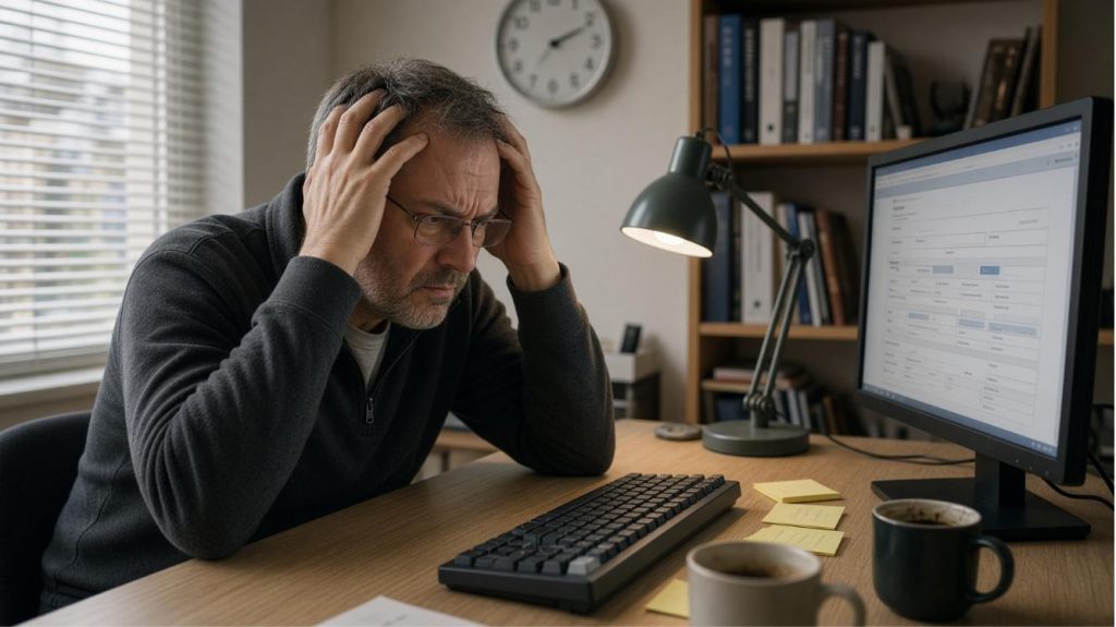 A frustrated man holds his head in both hands at his desk as an AI agent leaves a web form half completed on the monitor