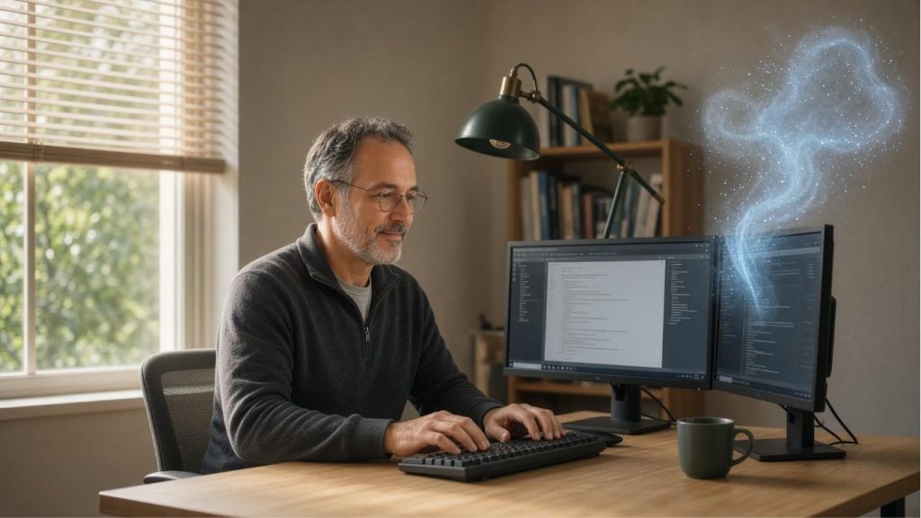 A man types contentedly at his desk while a second monitor runs an AI agent session on its own cloud virtual desktop