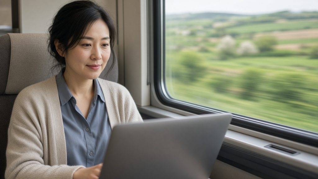 A woman working calmly on a laptop at a train window seat as countryside streaks past