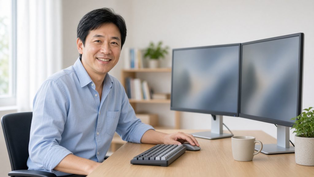 A man working at a dual-monitor desk, turning between two widescreen displays mid-task