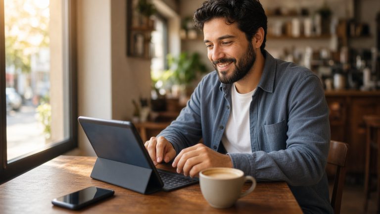 A man at a cafe table using a tablet in a keyboard case with his phone beside it