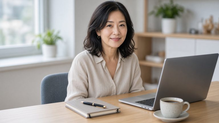 A woman at a tidy desk looking up from her laptop with an organised, capable smile