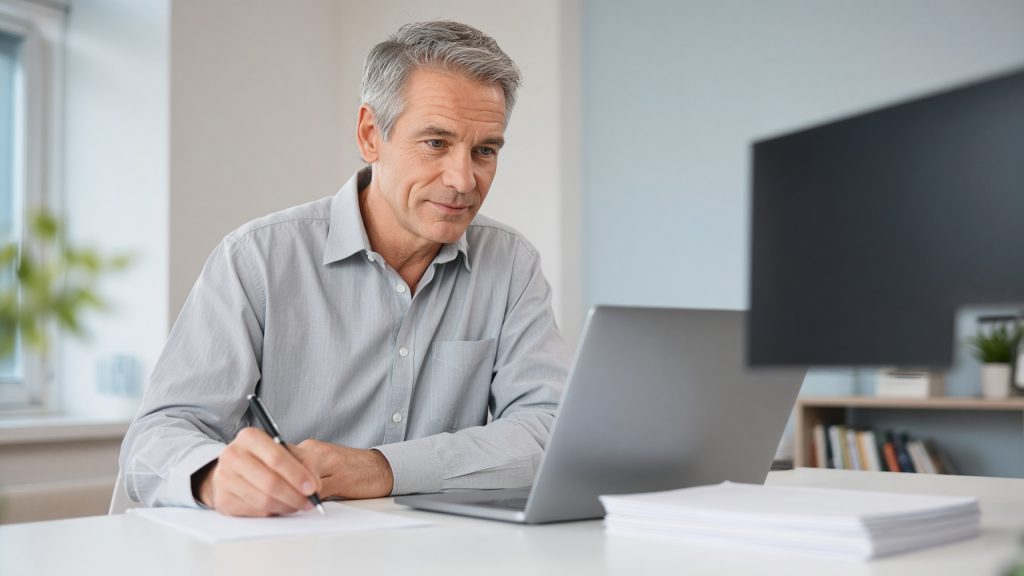 A team using business email across a laptop and a phone in an office