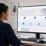A woman at a bright desk looking at the new Infosaic website on a widescreen monitor