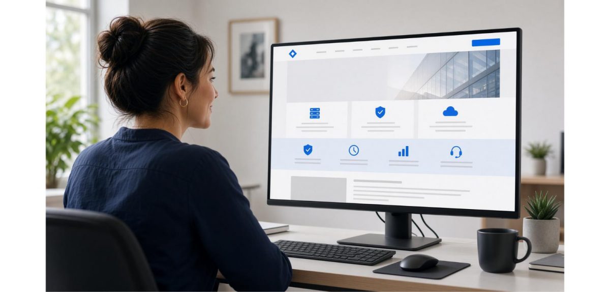 A woman at a bright desk looking at the new Infosaic website on a widescreen monitor