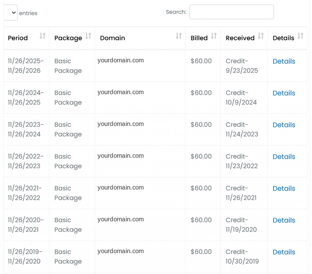 A billing history table showing period, package, domain, amount billed, date received and a details link