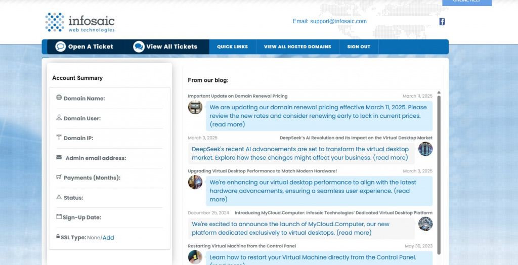 The control panel with Open A Ticket and View All Tickets in the top navigation