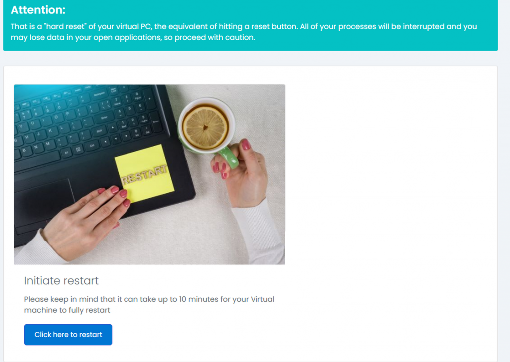 The restart confirmation page warning that this is a hard reset, with an Initiate restart section and a Click here to restart button