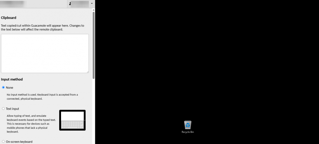 The Ctrl+Alt+Shift control menu open on the left of a browser session, showing the clipboard box and input method options