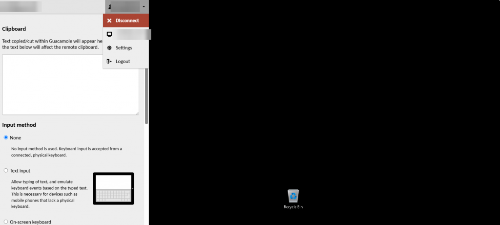 The account menu open at the top of a cloud desktop session, showing Disconnect, Settings and Logout