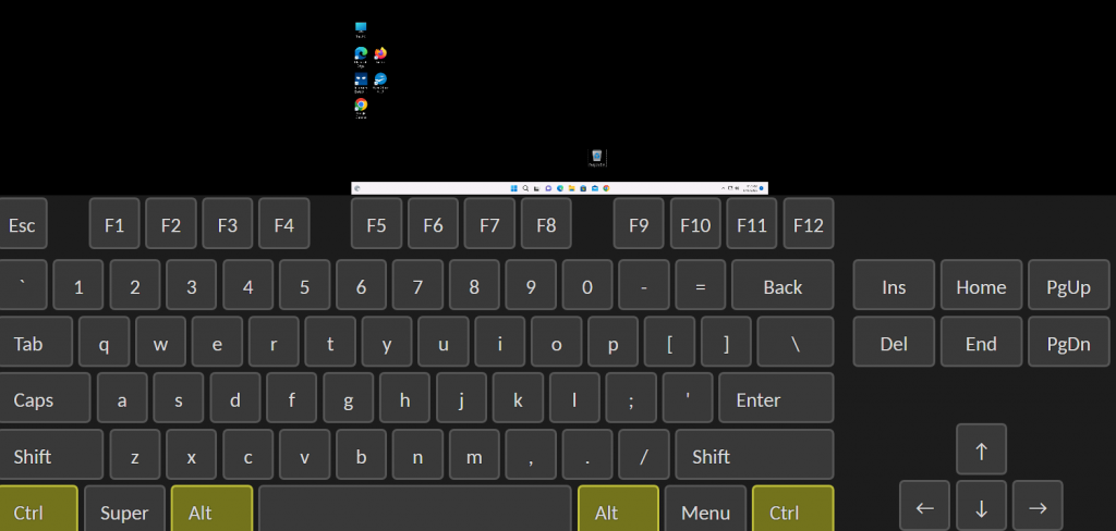 The on-screen keyboard open over a cloud desktop session, with the Ctrl and Alt keys highlighted in yellow