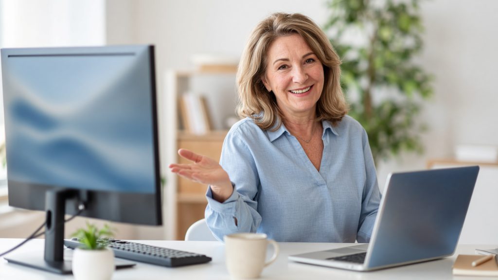 A woman at a desk with a Windows PC and a laptop, turning to the camera and explaining something with an open hand