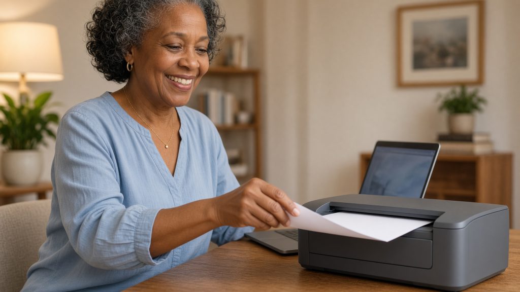 A woman collecting a freshly printed page from a small office printer beside her desk