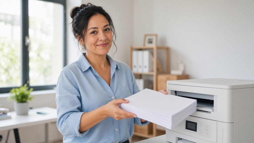 A woman lifting a neat stack of freshly printed pages from a printer output tray in a bright office