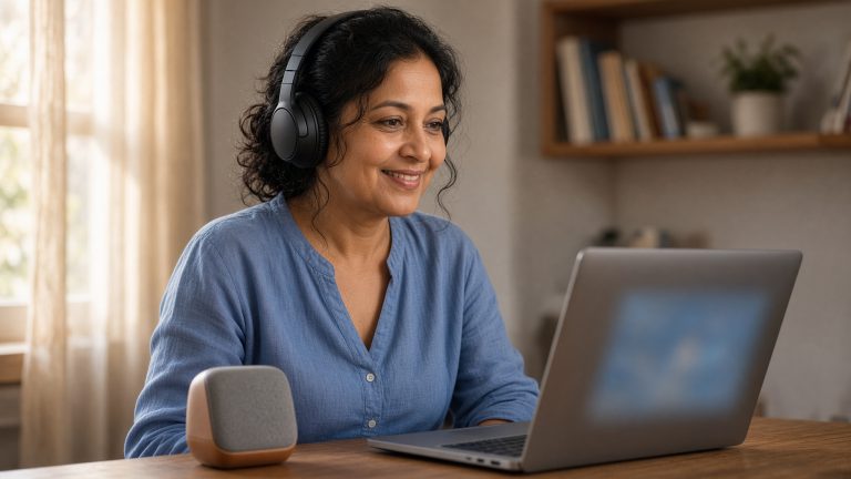 A woman at a home desk with headphones and a speaker, another device that has to be redirected into the session