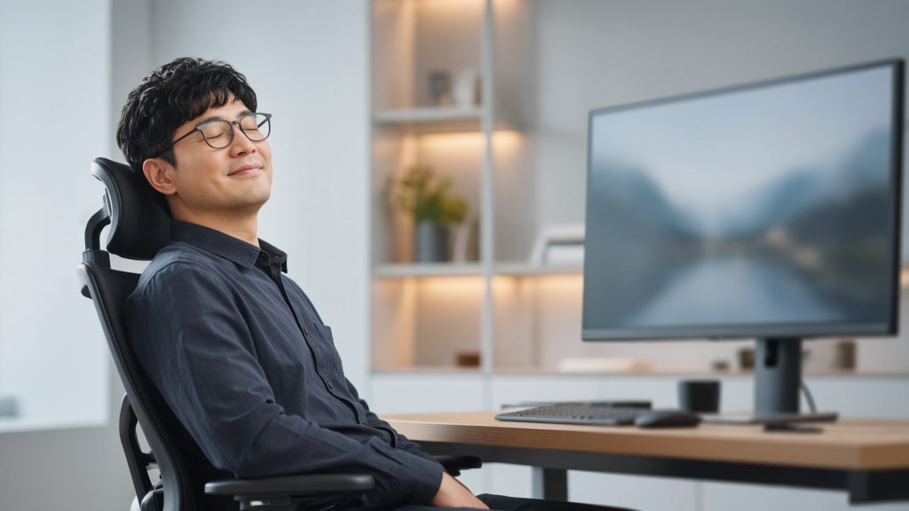 A man leaning back satisfied at a large high-resolution monitor on a clean minimal desk