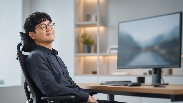 A man leaning back satisfied at a large high-resolution monitor on a minimal desk