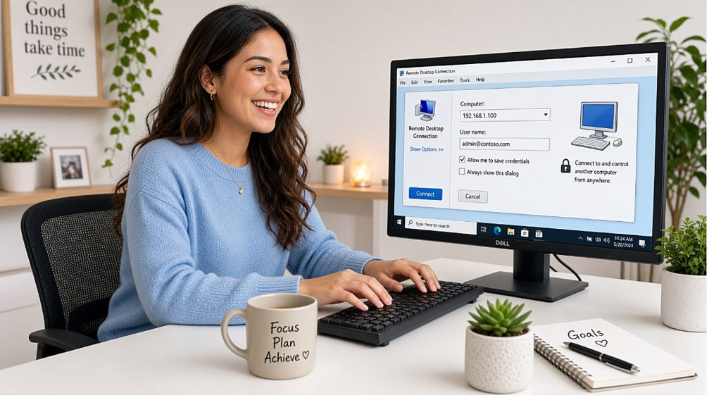 A woman at a desk connecting to her cloud desktop using Remote Desktop Connection on Windows