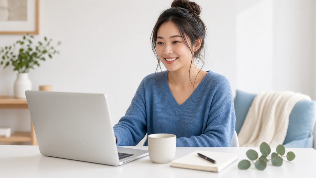 A woman working at a bright minimal desk on a Mac laptop, connected to her Windows cloud desktop