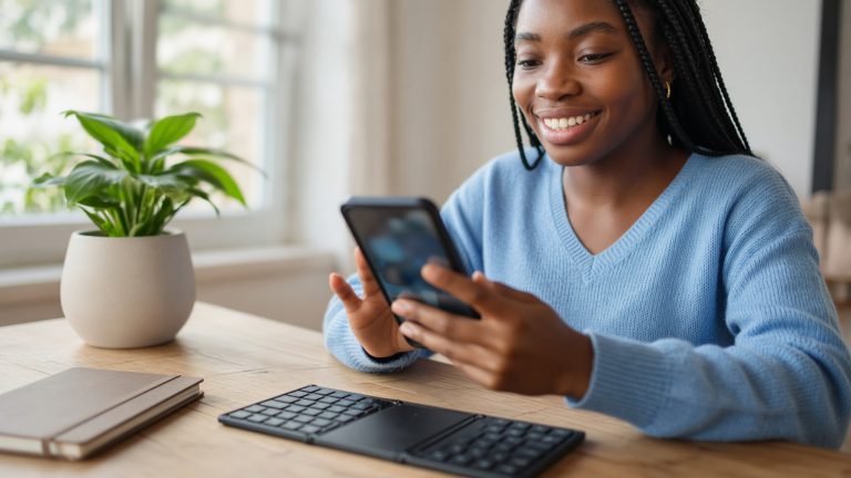 A woman using an Android device with a folding keyboard, the same app that runs on a Chromebook