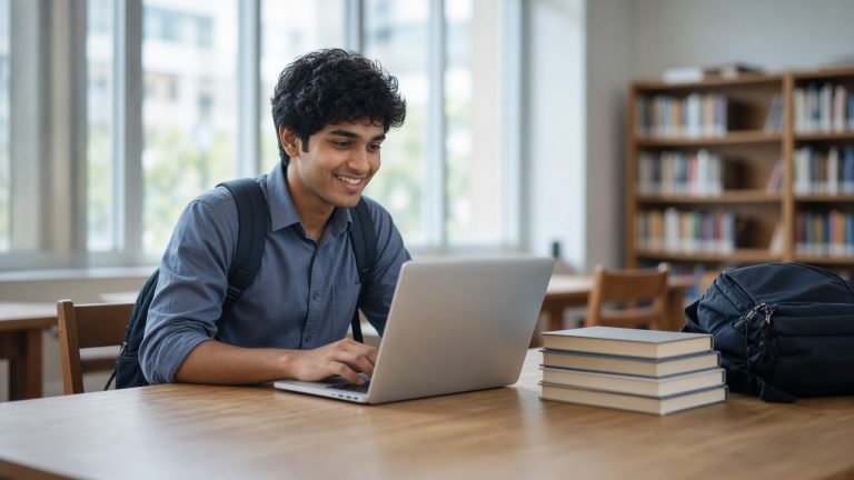 A student working on a lightweight laptop in a library, an alternative to a phone screen