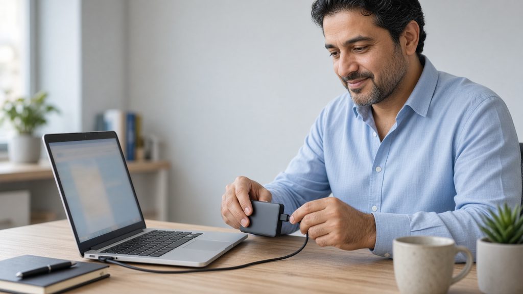 A man connecting a portable external drive to a laptop on a tidy desk, ready to share it into a remote session