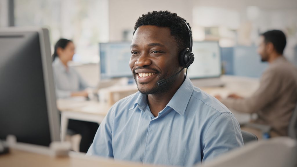 A support engineer wearing a headset smiling at his monitor in a bright office