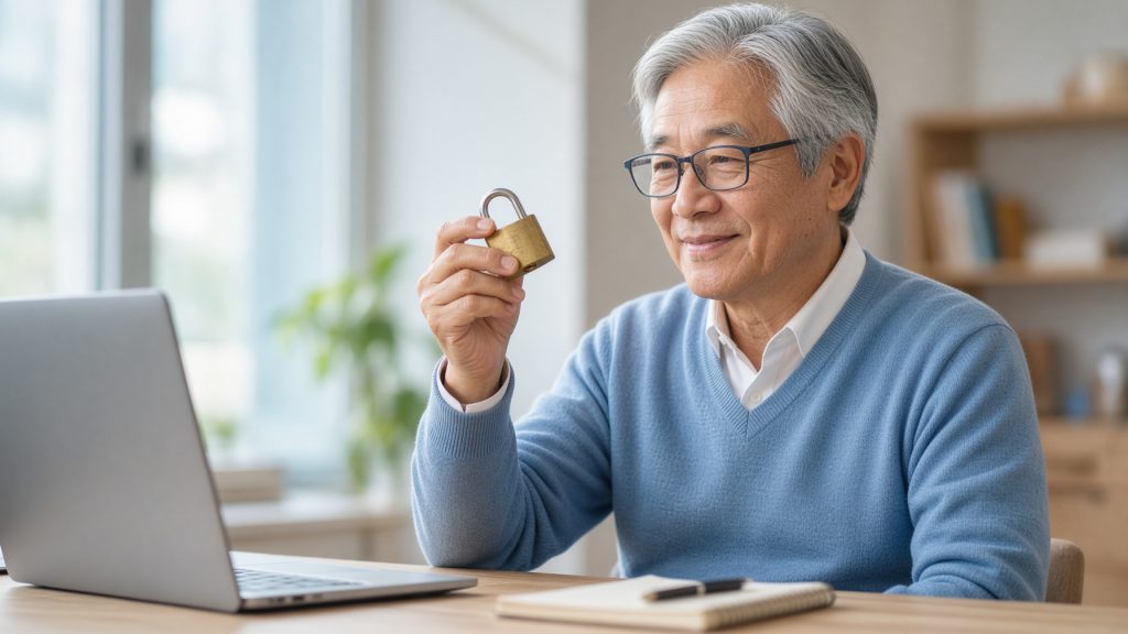 A man holding a small brass padlock up to the light beside an open laptop at a bright desk