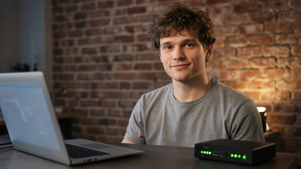 A person considering hosting options at a desk with a laptop and a notebook