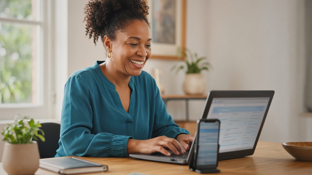A person sorting through an email inbox on a laptop at a bright desk