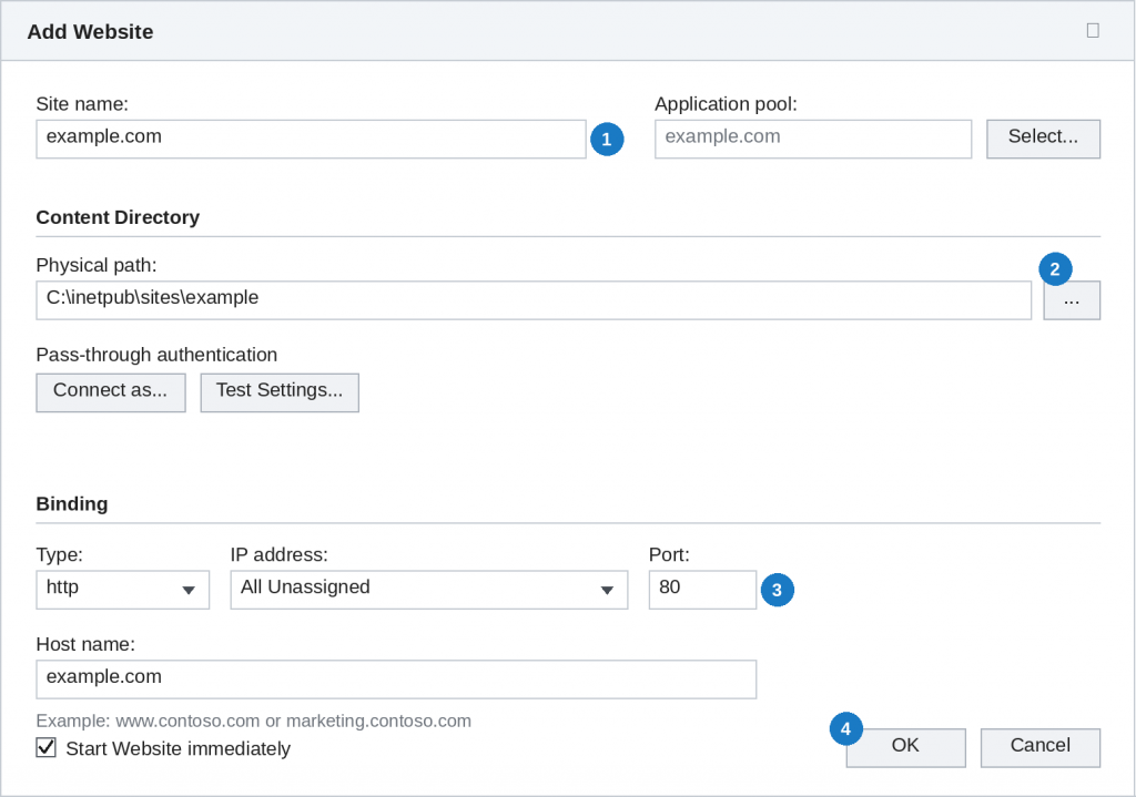 The Add Website dialog showing Site name, Physical path, Binding type, IP address, port and host name fields